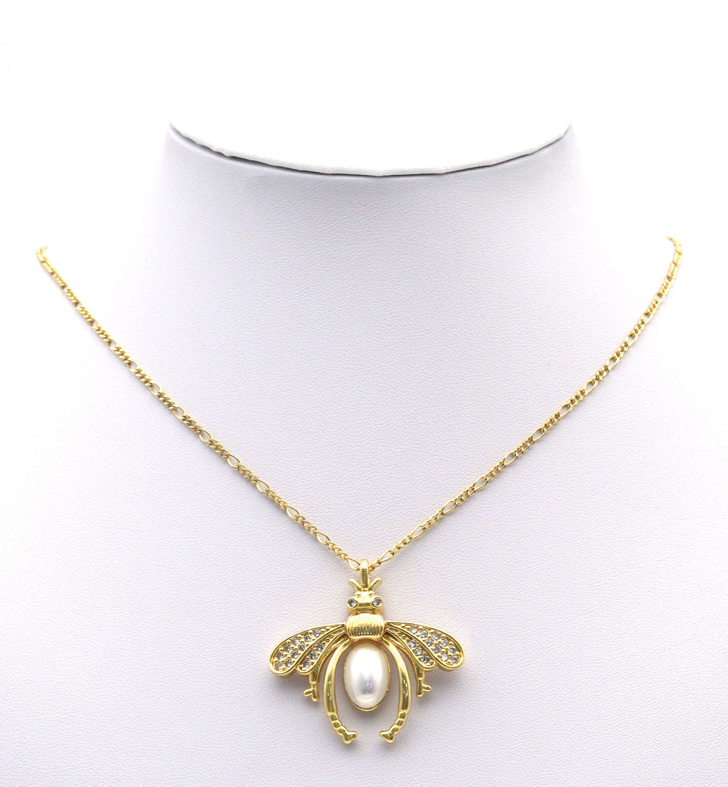 Large Pave CZ Gold Pearl Bee Insect Charm, Sku#LX147