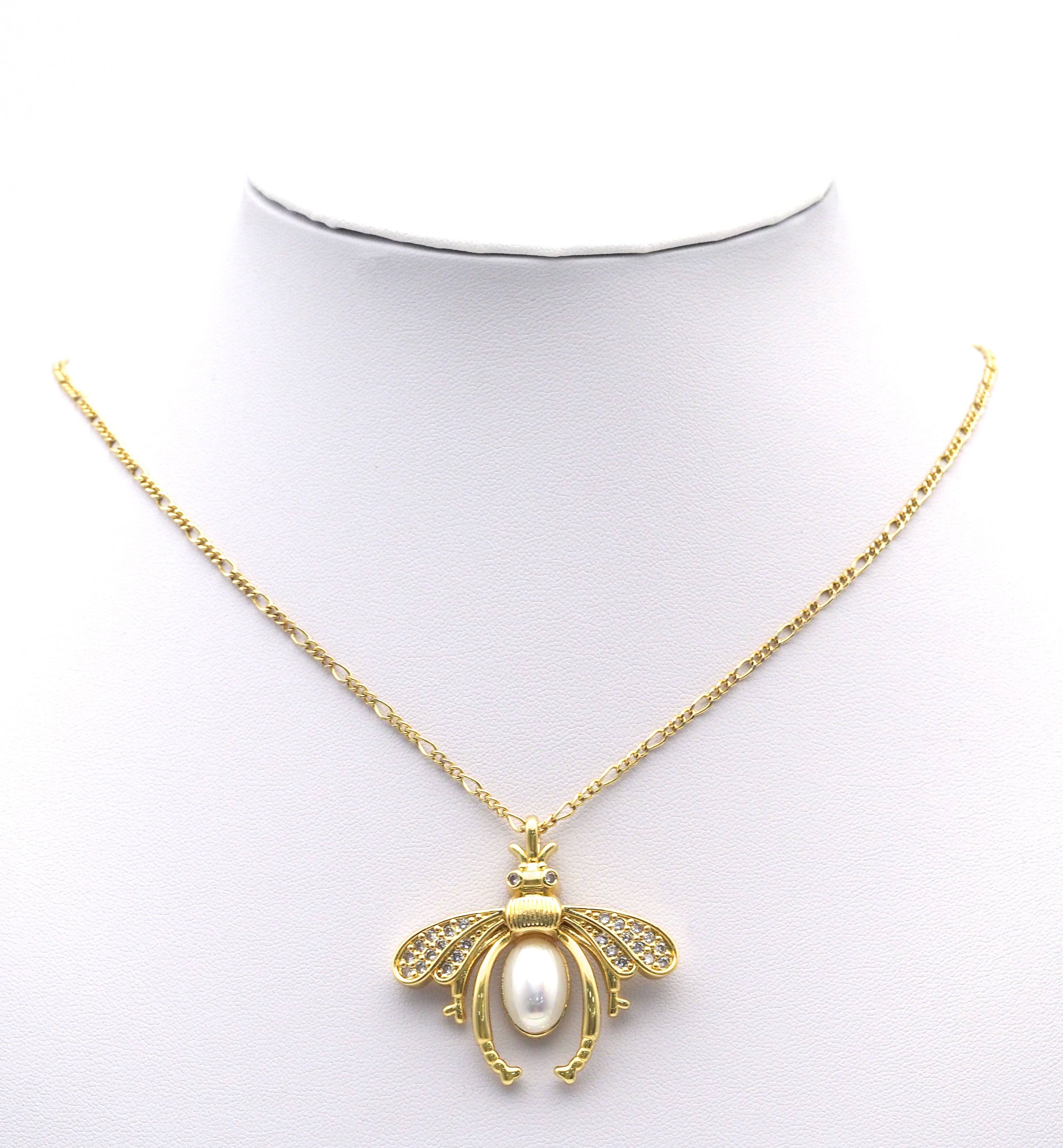 Large Pave CZ Gold Pearl Bee Insect Charm, Sku#LX147