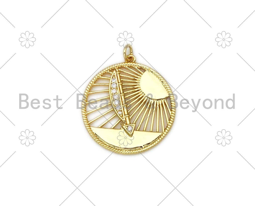 CZ Micro Pave Sun Light with Arrow Round Pendant,18K Gold Filled Charm,Necklace Bracelet Charm Pendant,27x29mm,Sku#L583