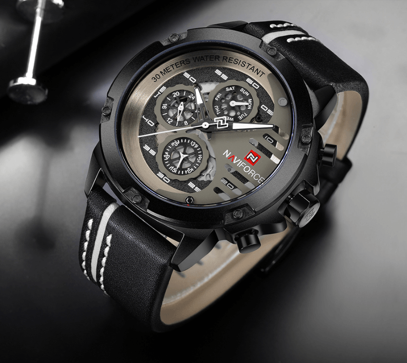 Montre de Sport Étanche Homme avec Chronomètres et Bracelet en Cuir Montre-Bracelet Multifonction Design Unique Cadeau Parfait