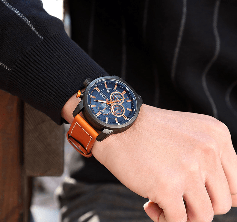 Montre de sport élégante et étanche pour homme avec chronomètres, affichage de la date, bracelets en cuir et verre Hardlex résistant aux rayures. Cadeau idéal pour lui.