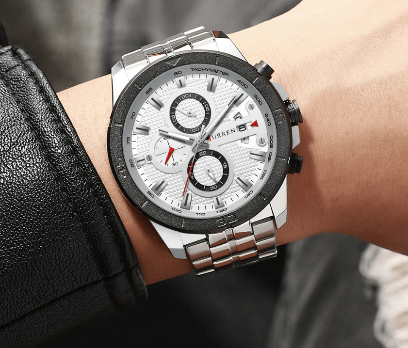Montre étanche pour homme avec chronomètres, affichage du jour et aiguilles fluorescentes. Design de luxe unique. Cadeau parfait.