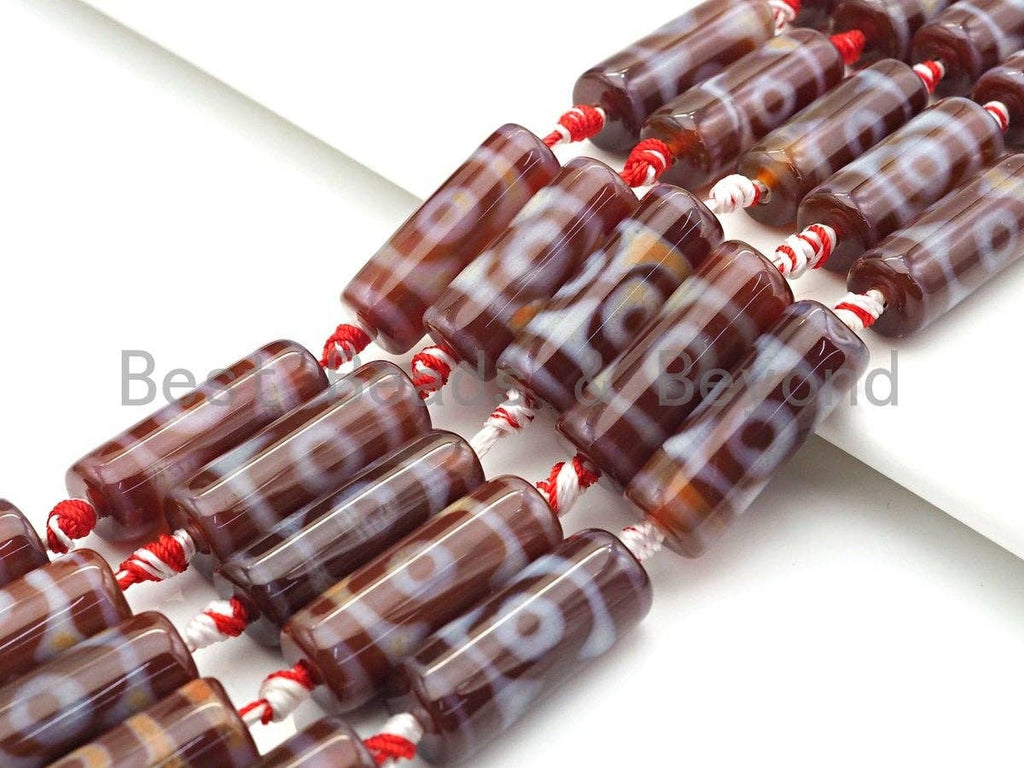 1pc/10pc Natural Tibetan Agate Cylinder Spacer Beads, Brown White Eye Dzi Spacer Beads, Tibetan Dzi Beads, 11x30mm, sku#U865