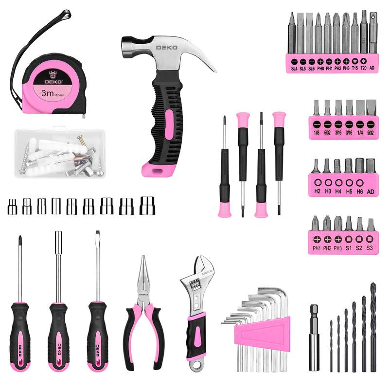 DEKOPRO 126-Piece Pink Household Tool Set with 8V Cordless Drill, Rechargeable Battery, All-In-One Compact Tools Kit, Perfect Christmas Gift, Ideal for Home Repairs & DIY Projects