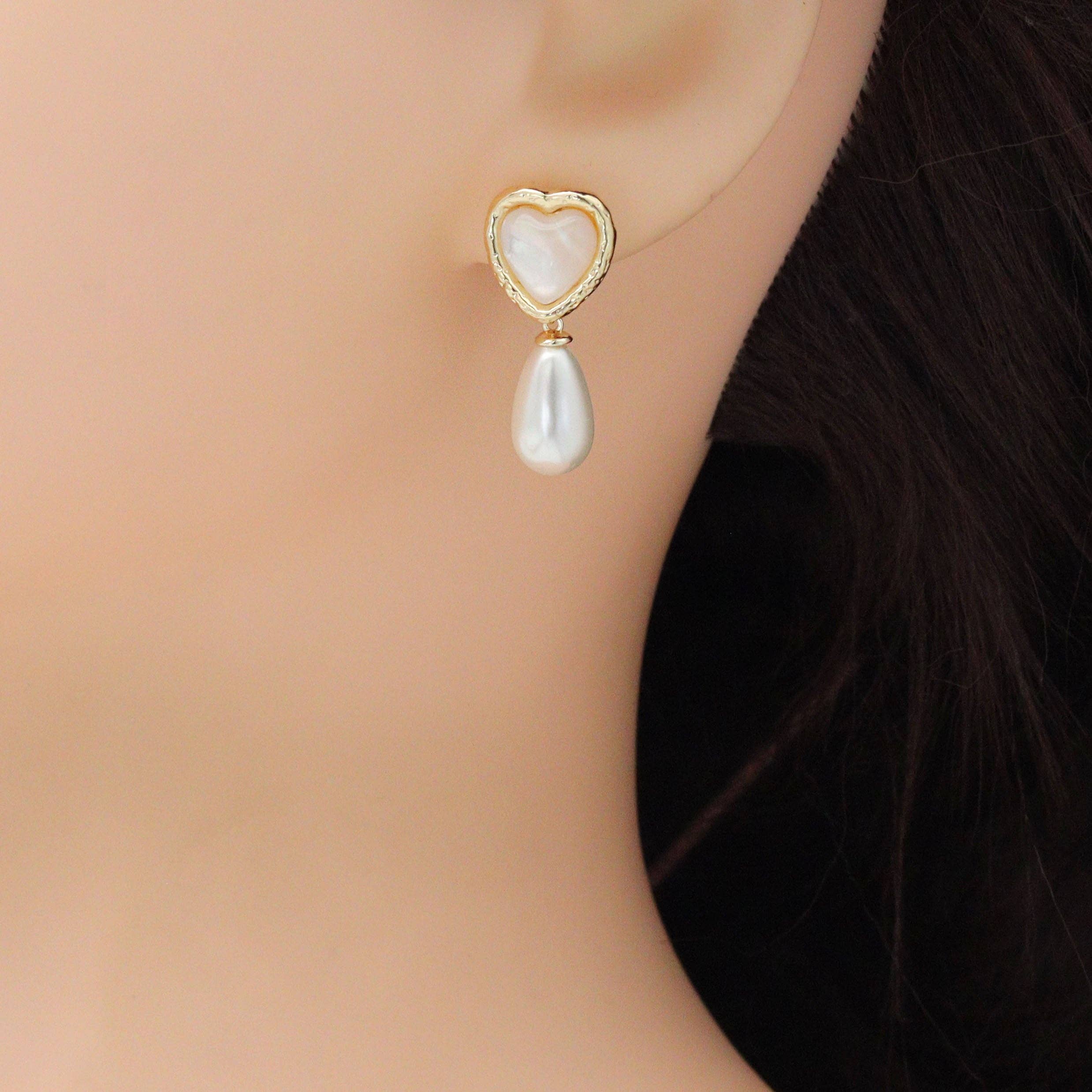 Gold Silver Pearl Heart Teardrop Pearl Earrings, Sku#ZX223