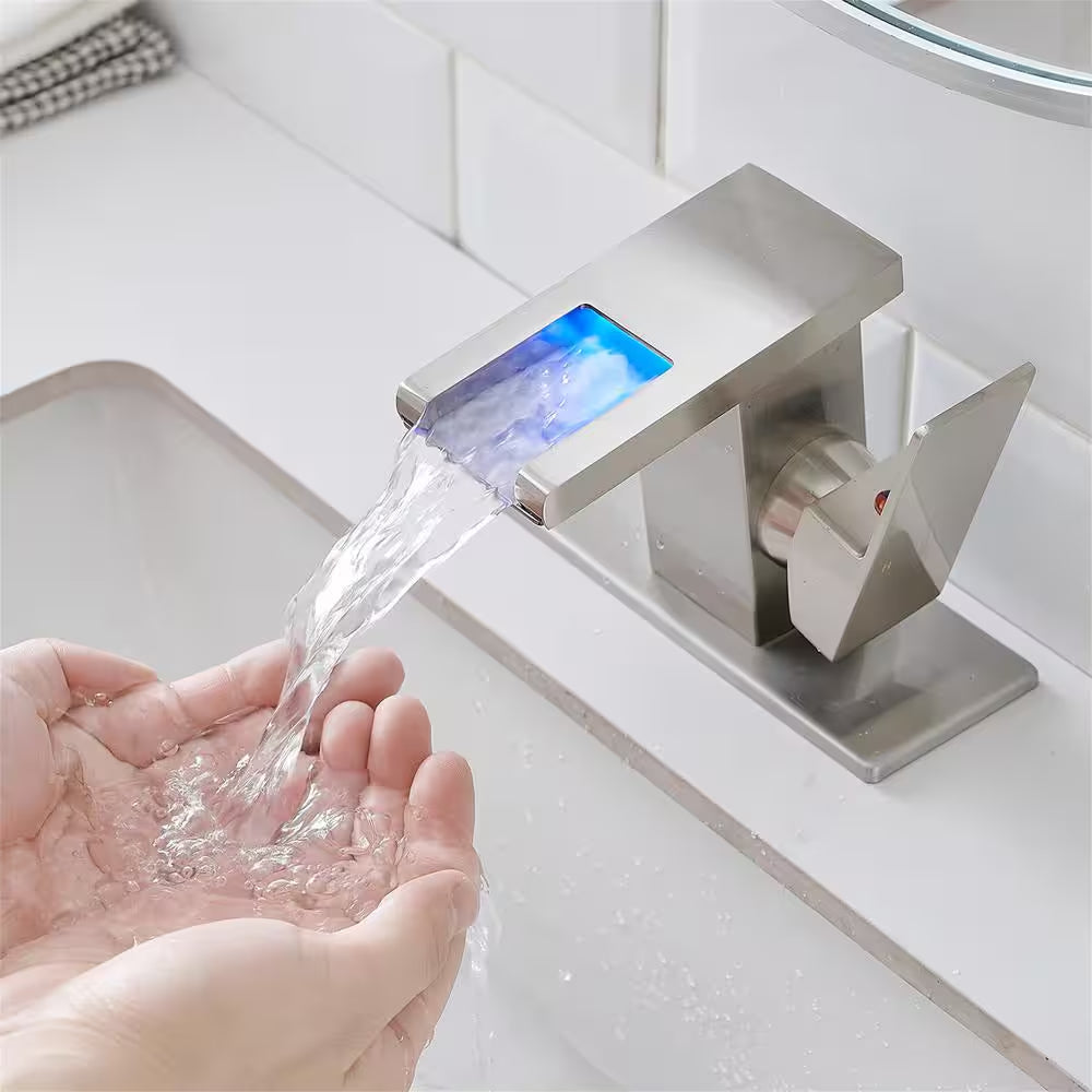 Single Handle Single Hole LED Bathroom Faucet with Deckplate Included Waterfall Bathroom Sink Faucets in Brushed Nickel