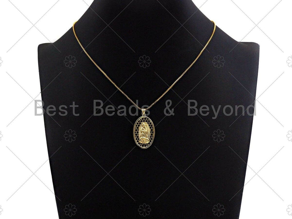 18K Gold Virgin Mary On Oval Emblem Pendant, Hollow Out Oval Charm, Virgin Mary Pendant, Dianty Gold Medallion Charm,31x19mm, Sku#F1145