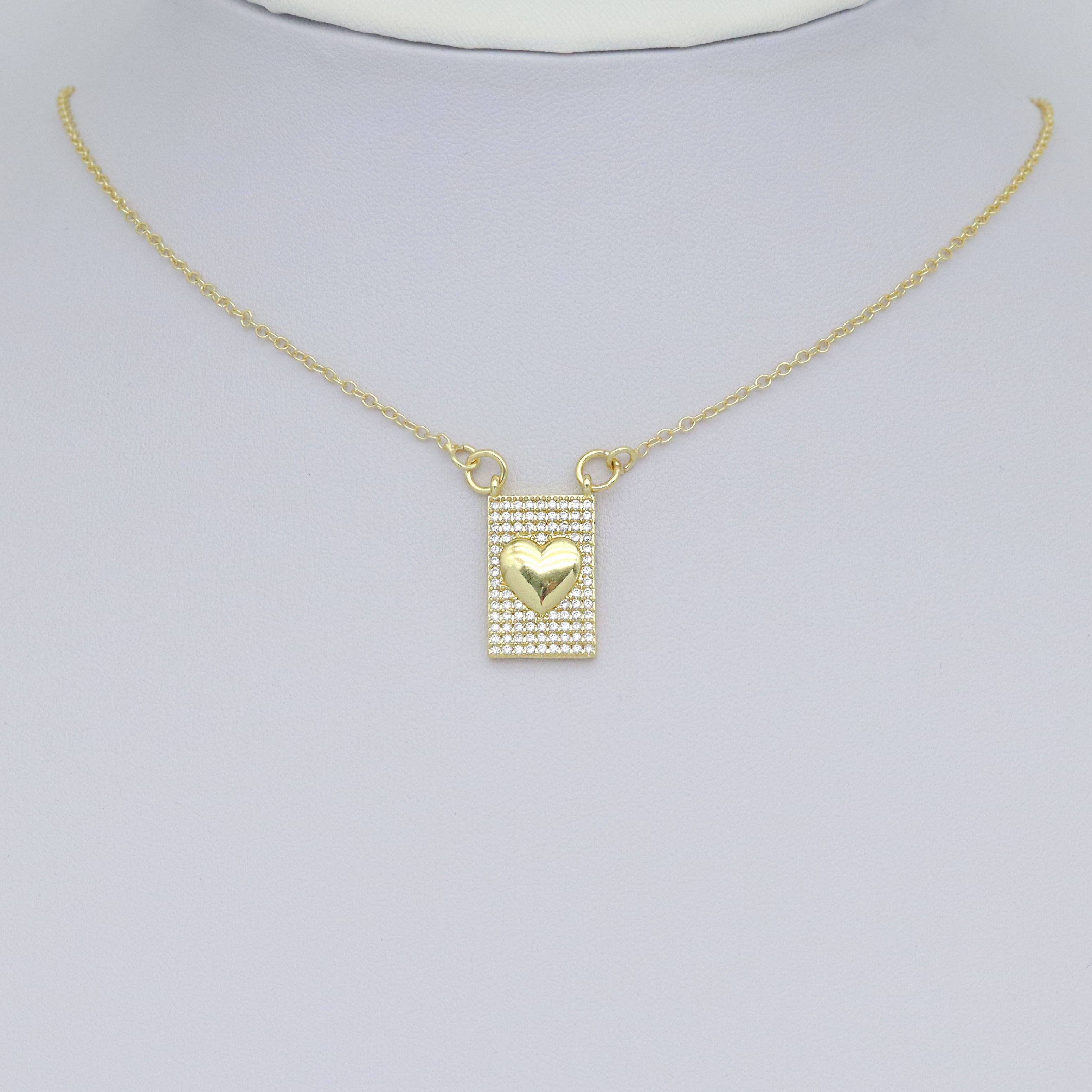Gold Clear CZ Heart On Rectangle Charm Pendant, Sku#LK984