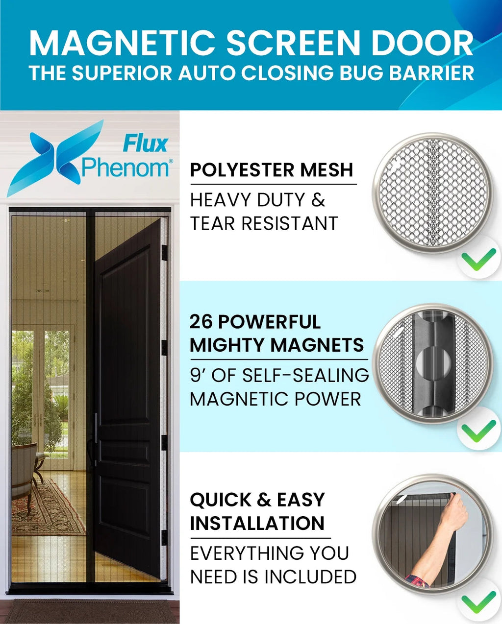 Flux Phenom Magnetic Screen Door Hands-Free Mesh Easy Install 2 Pack 38 X 82