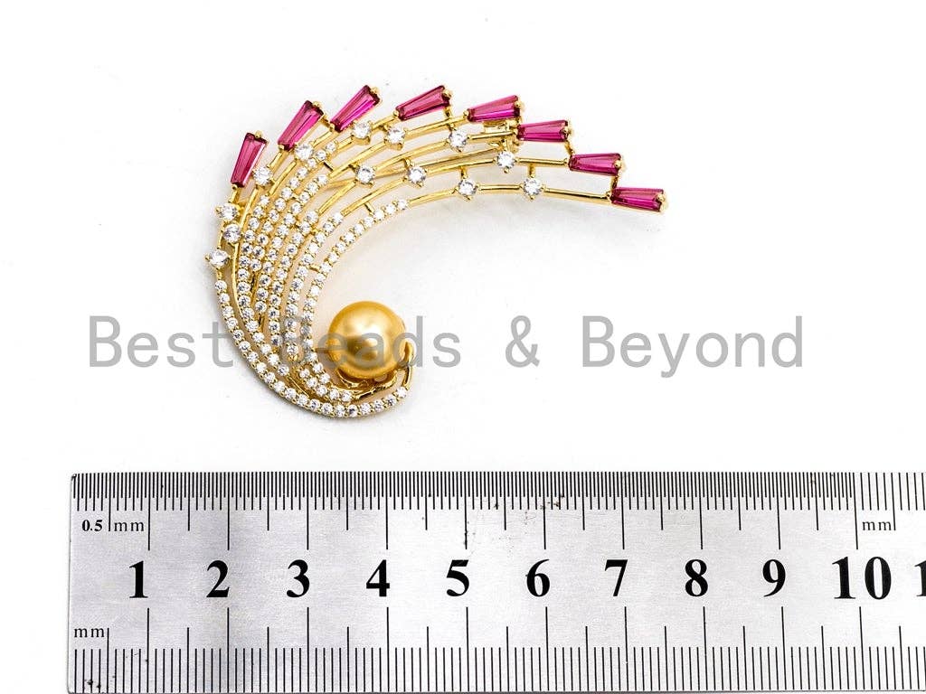 CZ Micro Pave Peacock Brooch Pin with 10mm Round Shell Pearl, Pave Peacock Brooch Jewelry, Gold Fuchsia CZ Pave Pin,  41x59mm, Sku#P27
