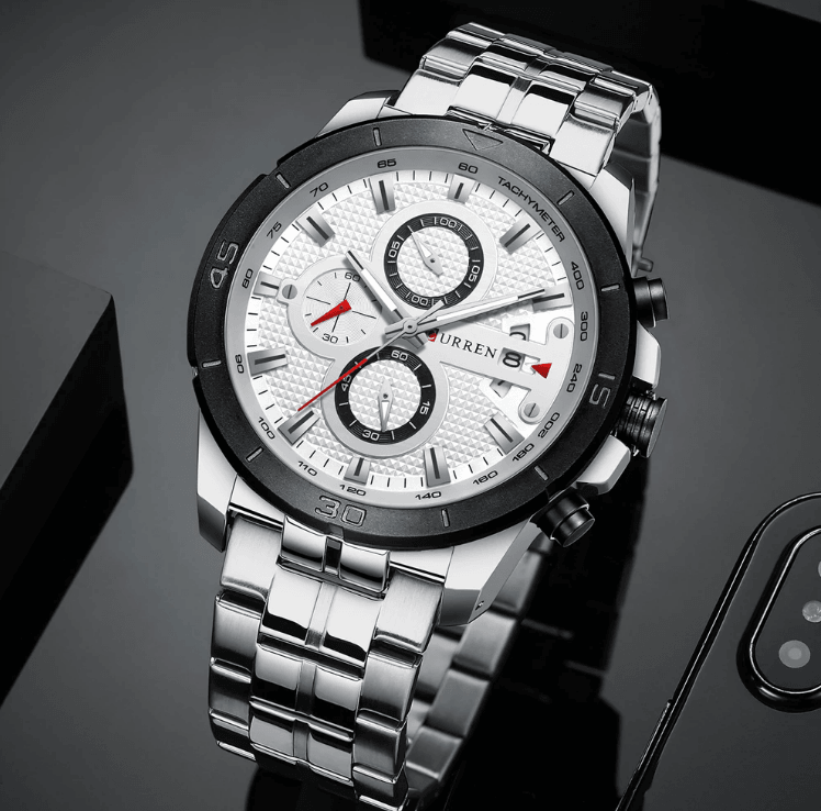 Montre étanche pour homme avec chronomètres, affichage du jour et aiguilles fluorescentes. Design de luxe unique. Cadeau parfait.