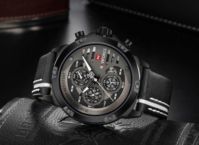 Montre de Sport Étanche Homme avec Chronomètres et Bracelet en Cuir Montre-Bracelet Multifonction Design Unique Cadeau Parfait