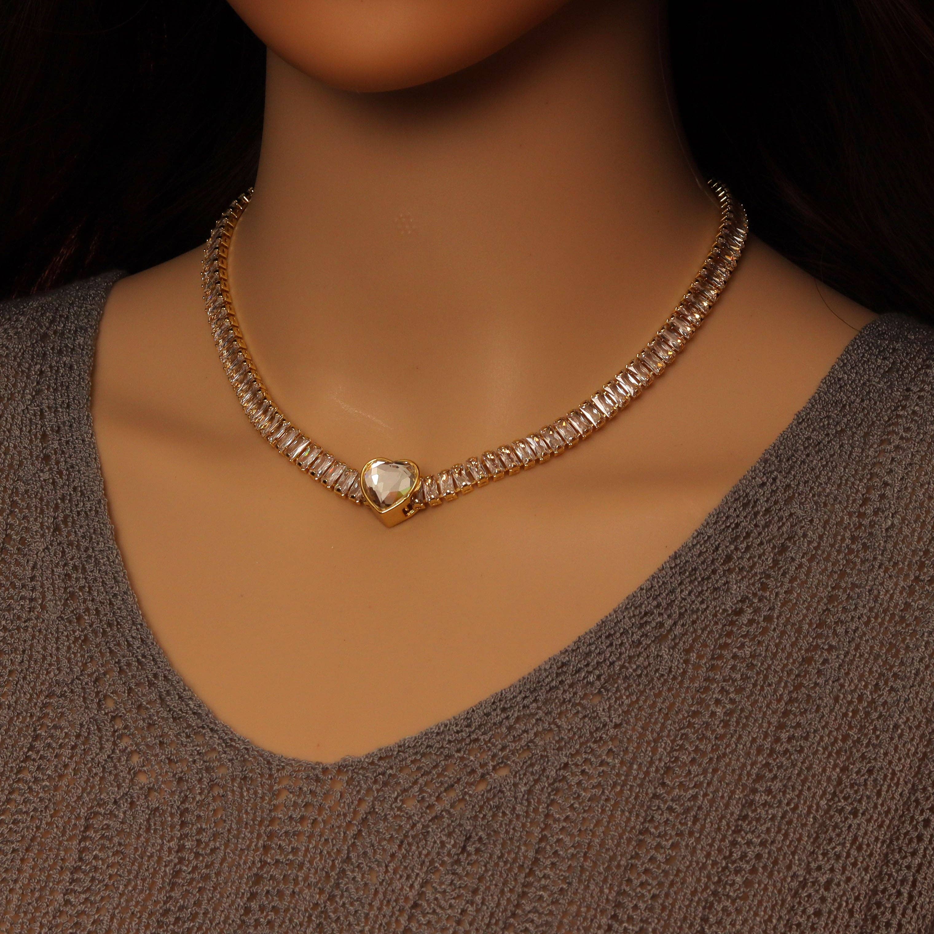 Baguette CZ Tennis Chain Removable Heart Center Necklace, Sku#A383
