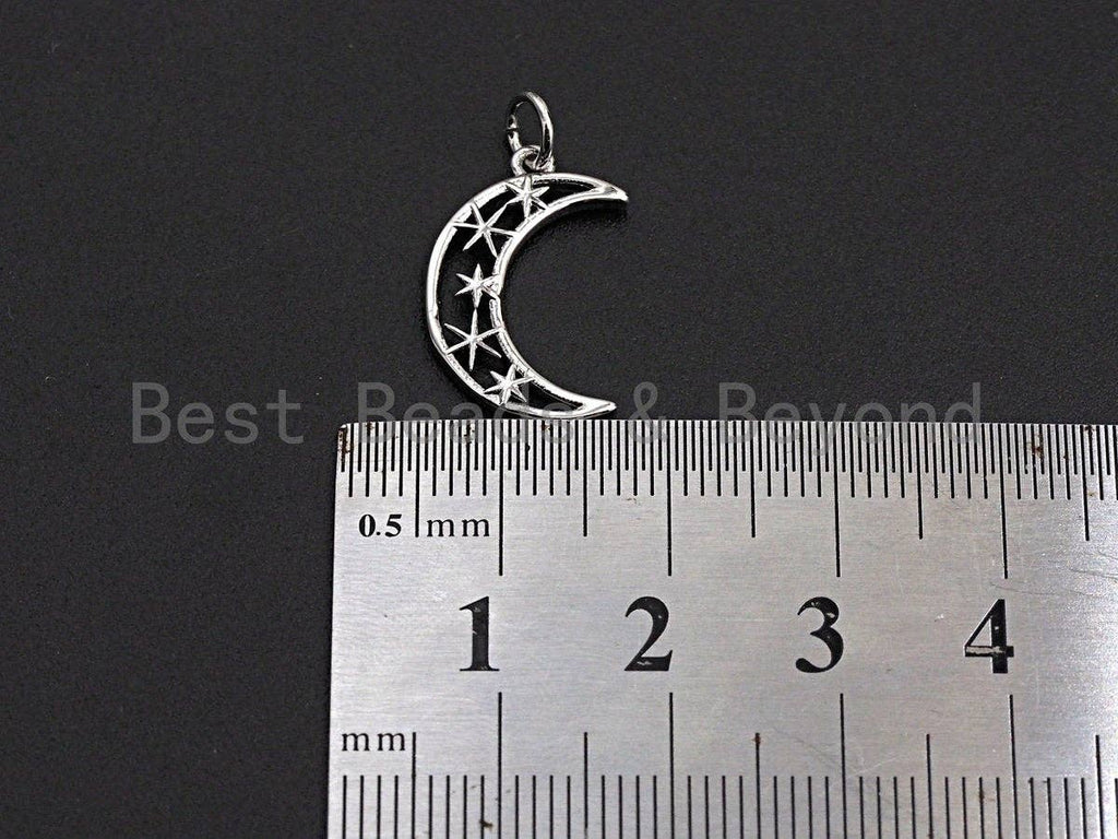 Crescent Moon North Star Hollow Out Pendant, Cubic Zirconia Pendant, Silver/Gold Tone,12x19mm, Sku#Z486
