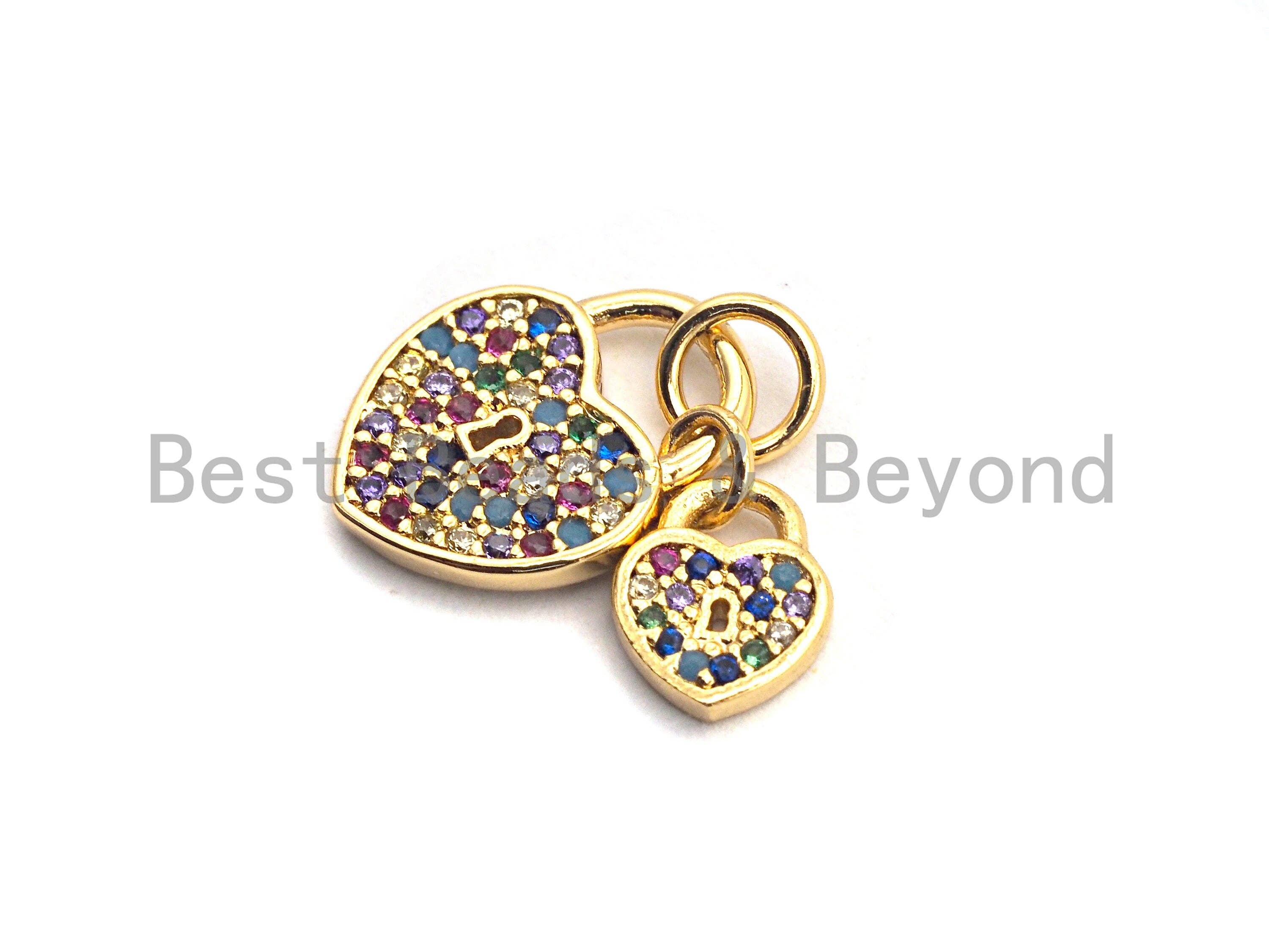 CZ Colorful Micro Pave Big heart Small Heart Lock Pendant, Heart Shaped Pave Pendant, Gold plated, 10x13mm, Sku#F825C