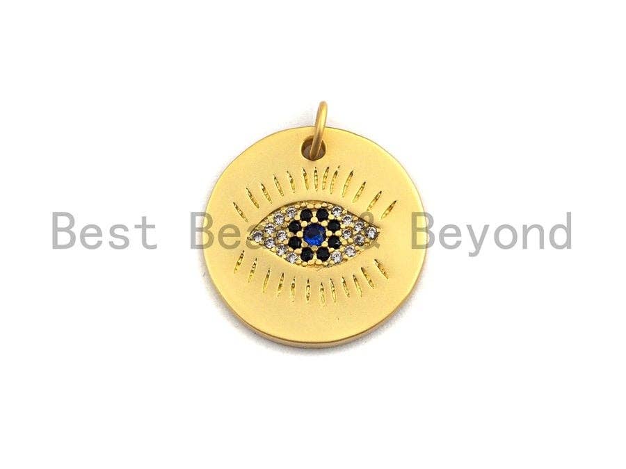 Cobalt CZ Micro Pave Round Evil Eye on Disc Pendant/Charm, Lucky eye Cubic Zirconia Pendant, Silver/Gold Tone,19x19mm,Sku#Y205