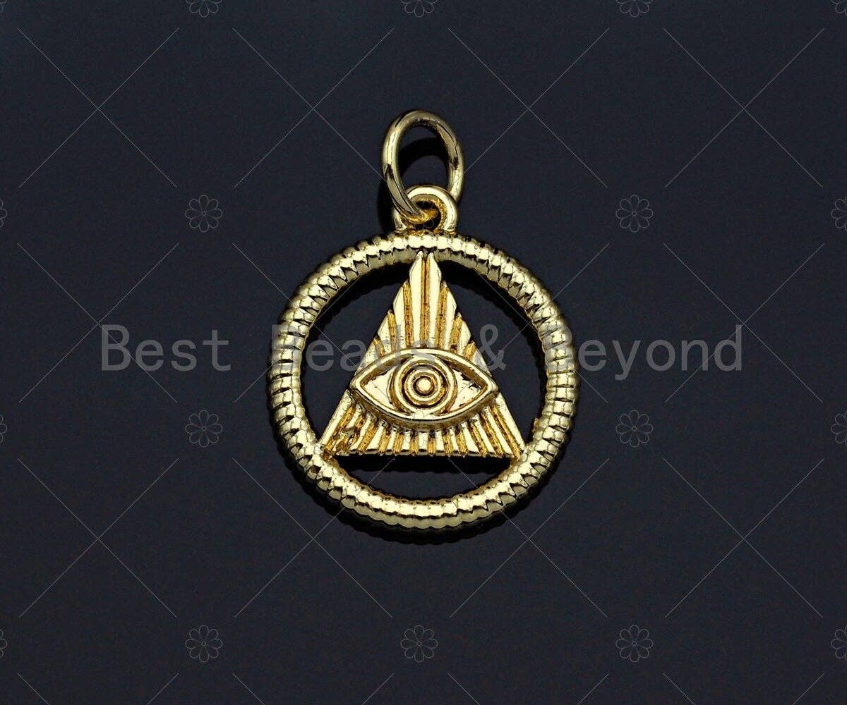 CZ Micro Pave Evil Eye On Triangle With Round Ring Shape Pendant, Gold Plated, Necklace Bracelet Charm Pendant, 18x20mm,sku#F1240