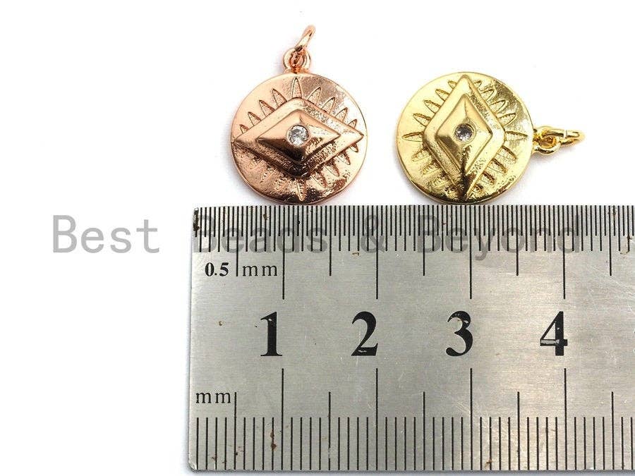 CZ Micro Pave Round Evil Eye on Disc Pendant/Charm, Lucky eye Cubic Zirconia Pendant, Silver/Gold/Rose Gold/Black Tone, 15x18mm, Sku#Z382