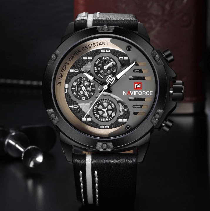 Montre de Sport Étanche Homme avec Chronomètres et Bracelet en Cuir Montre-Bracelet Multifonction Design Unique Cadeau Parfait