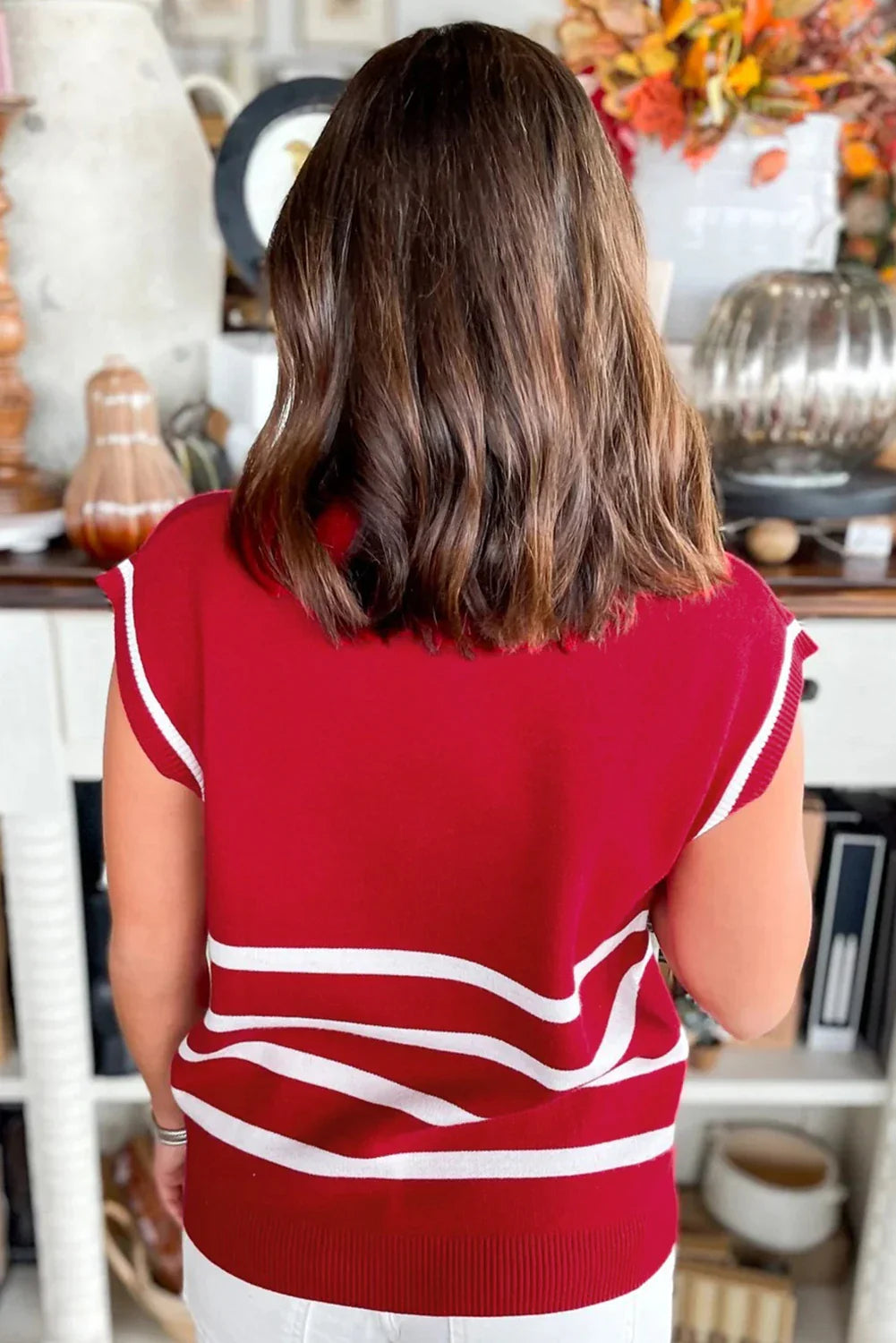 Iole- Red Quarter Zip Striped Detail Short Sleeveless Top
