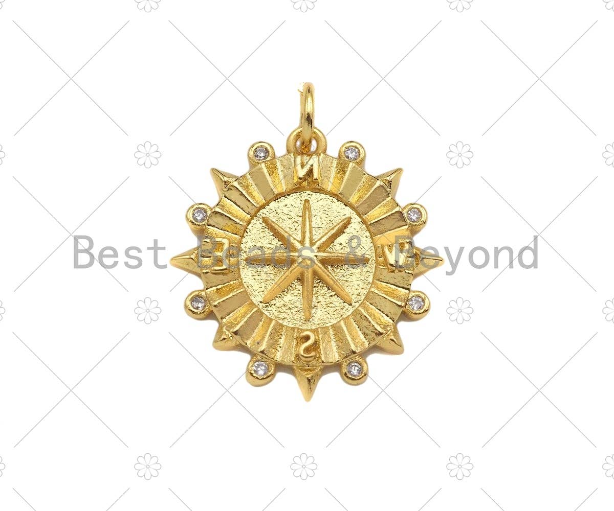 18K Gold North Star on Round Coin Shape Pendant,CZ Gold Medallion Charm, Necklace Bracelet Charm Pendant,19x20mm,Sku#Z1325