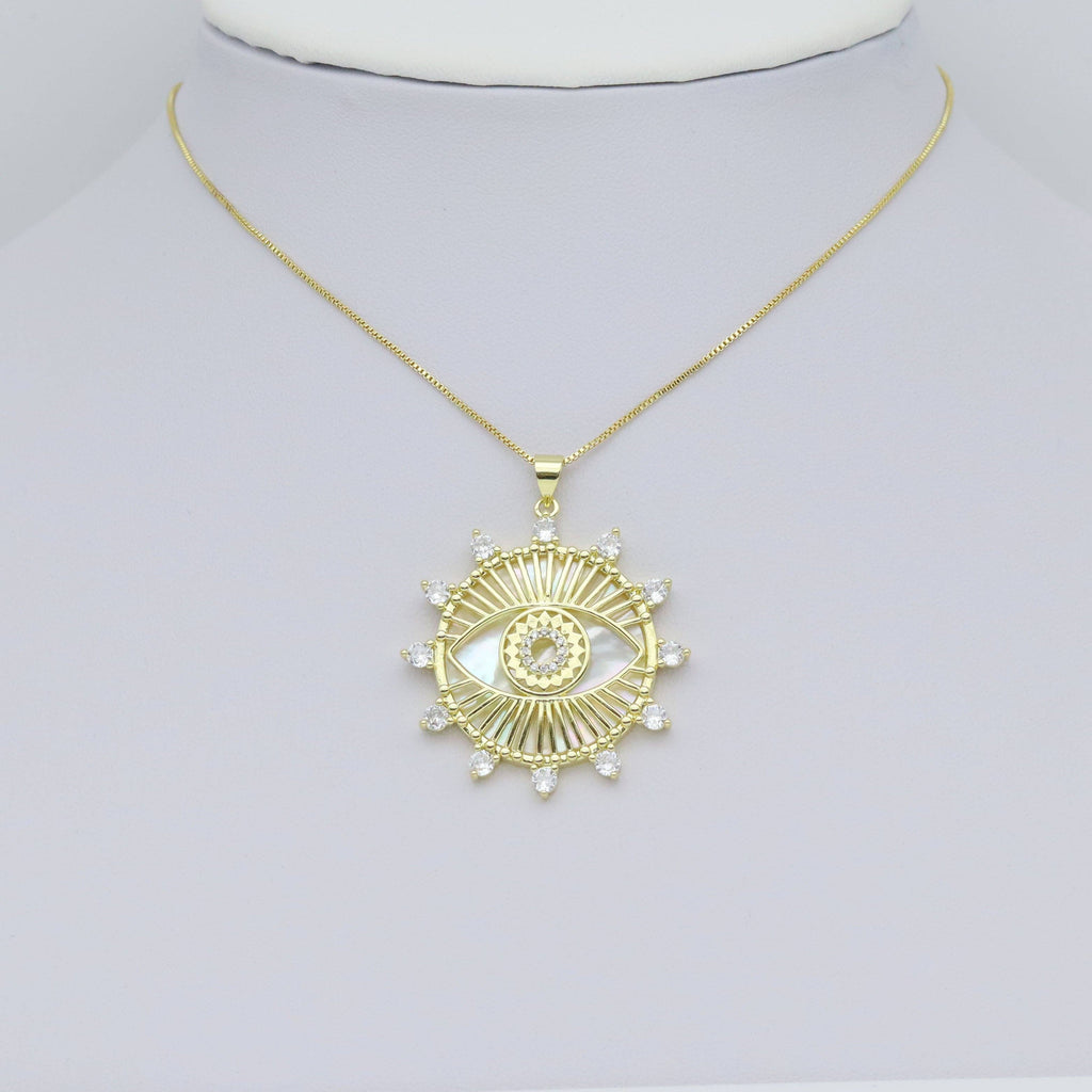 CZ Pave Spike Gold Evil Eye Mother of Pearl Pendant, Sku#LX631