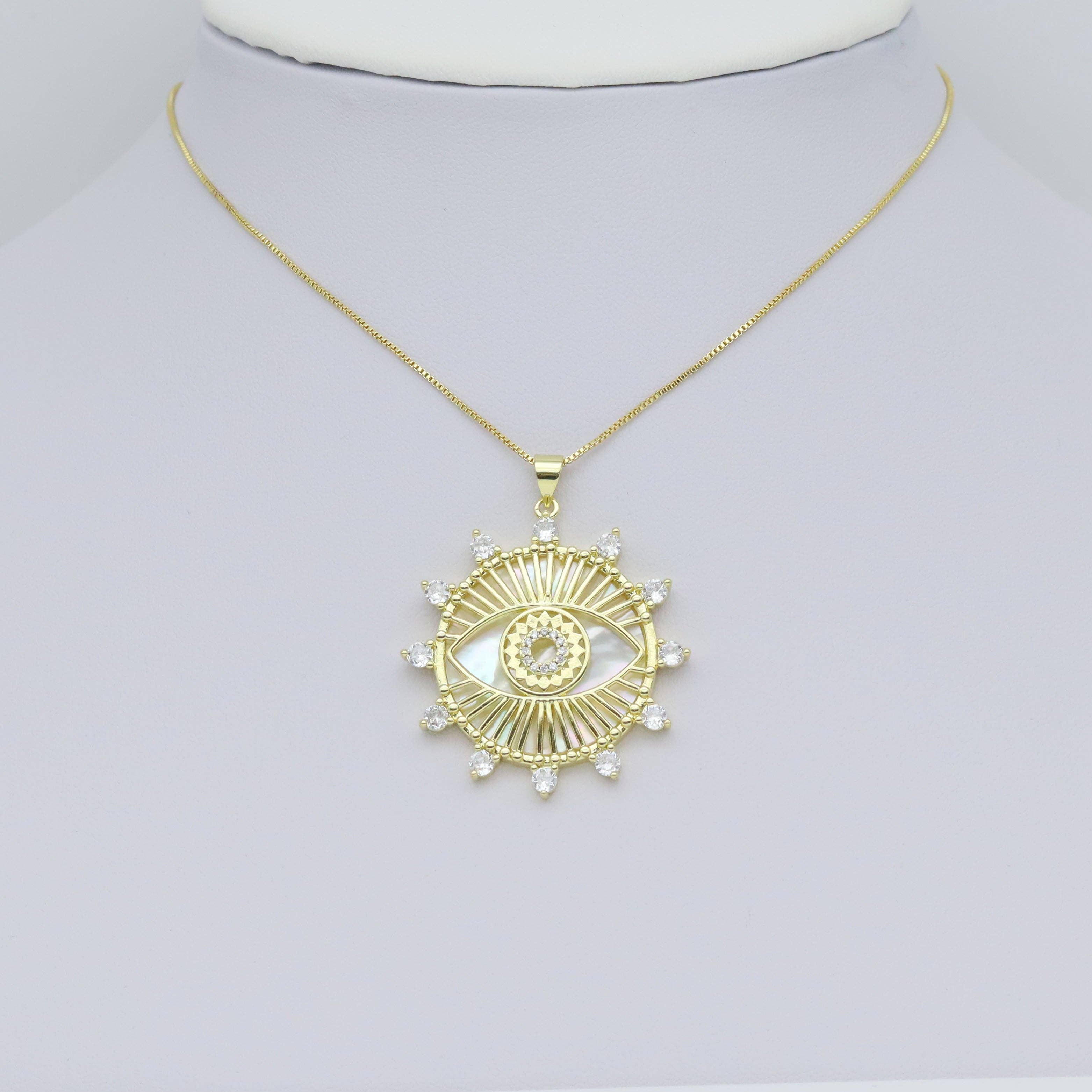 CZ Pave Spike Gold Evil Eye Mother of Pearl Pendant, Sku#LX631