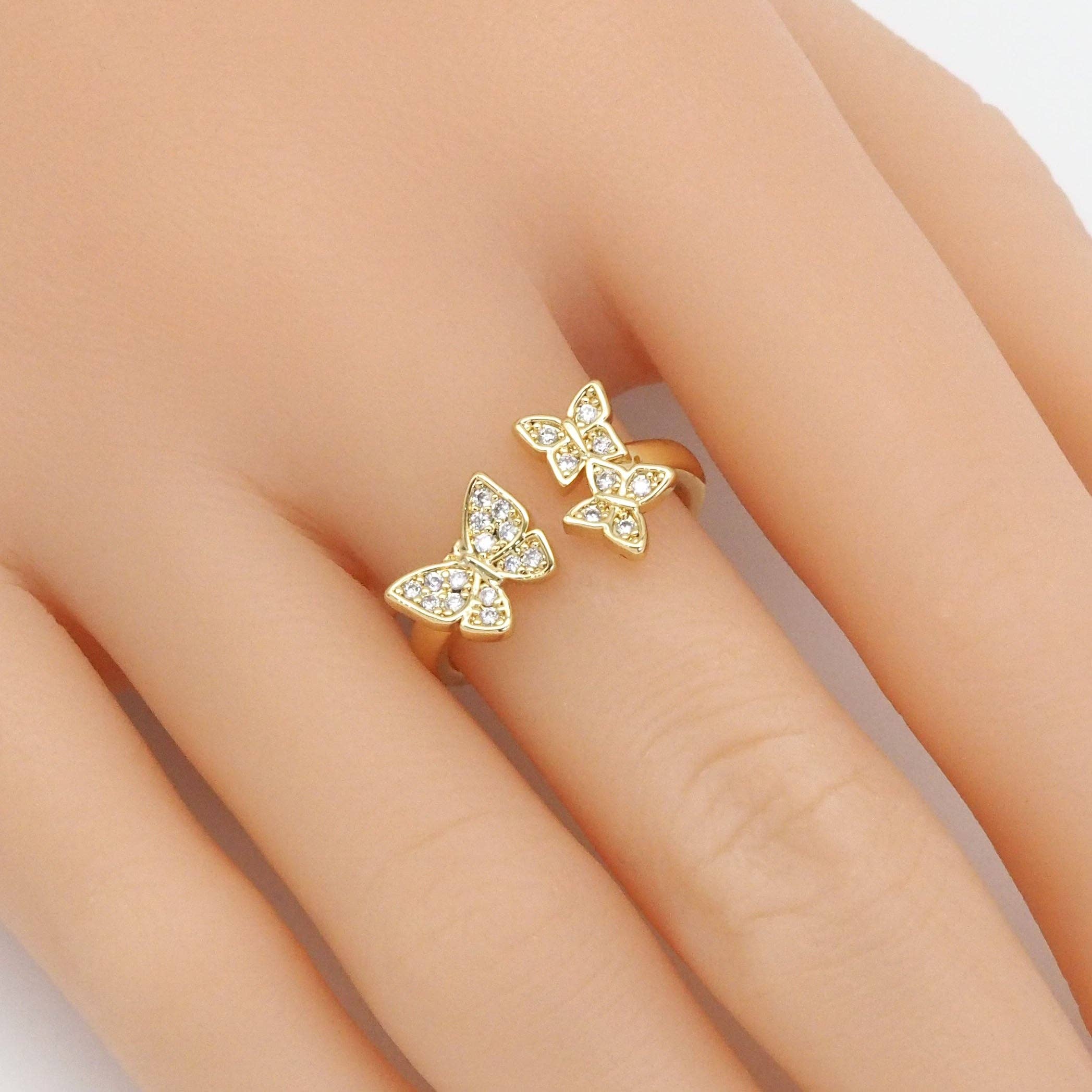 Gold CLear CZ three Butterfly Adjustable Ring, Sku#LD433