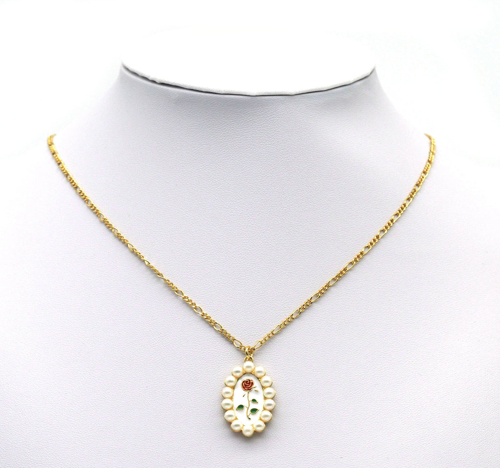 Gold Enamel Pearl Rose On Oval Charm, Sku#L685