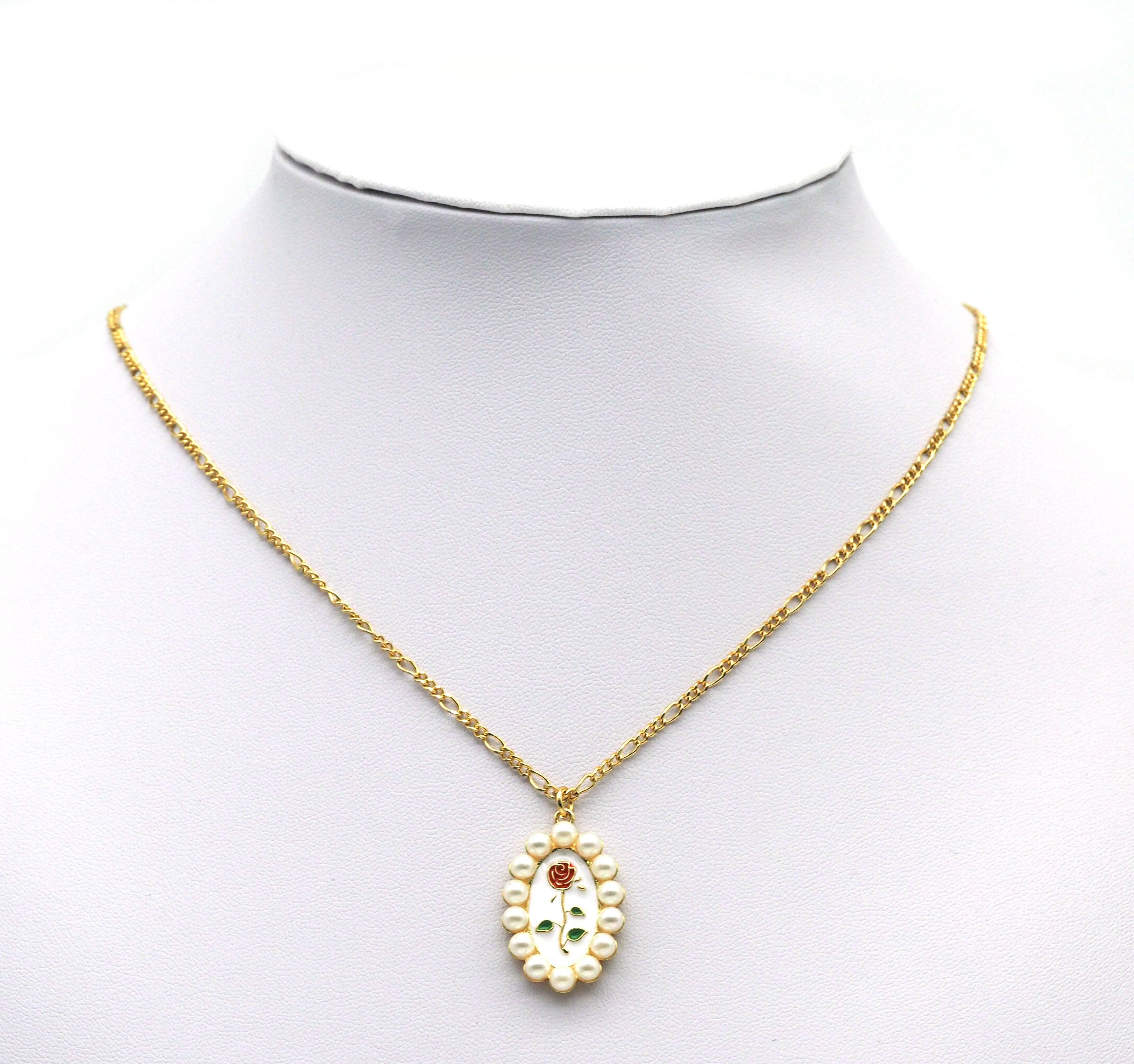 Gold Enamel Pearl Rose On Oval Charm, Sku#L685
