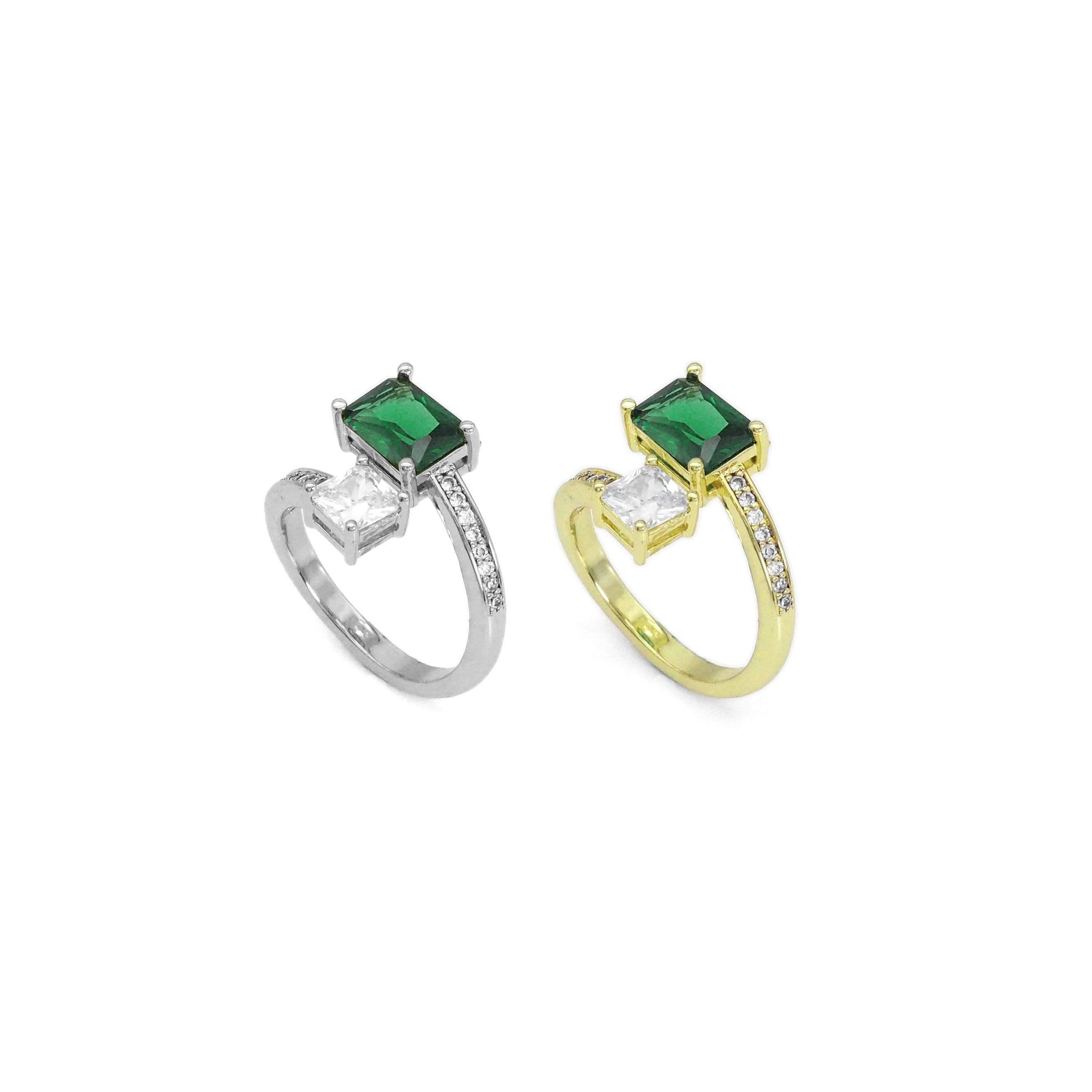 Gold Silver Green Clear Square CZ Adjustable Ring, Sku#A134
