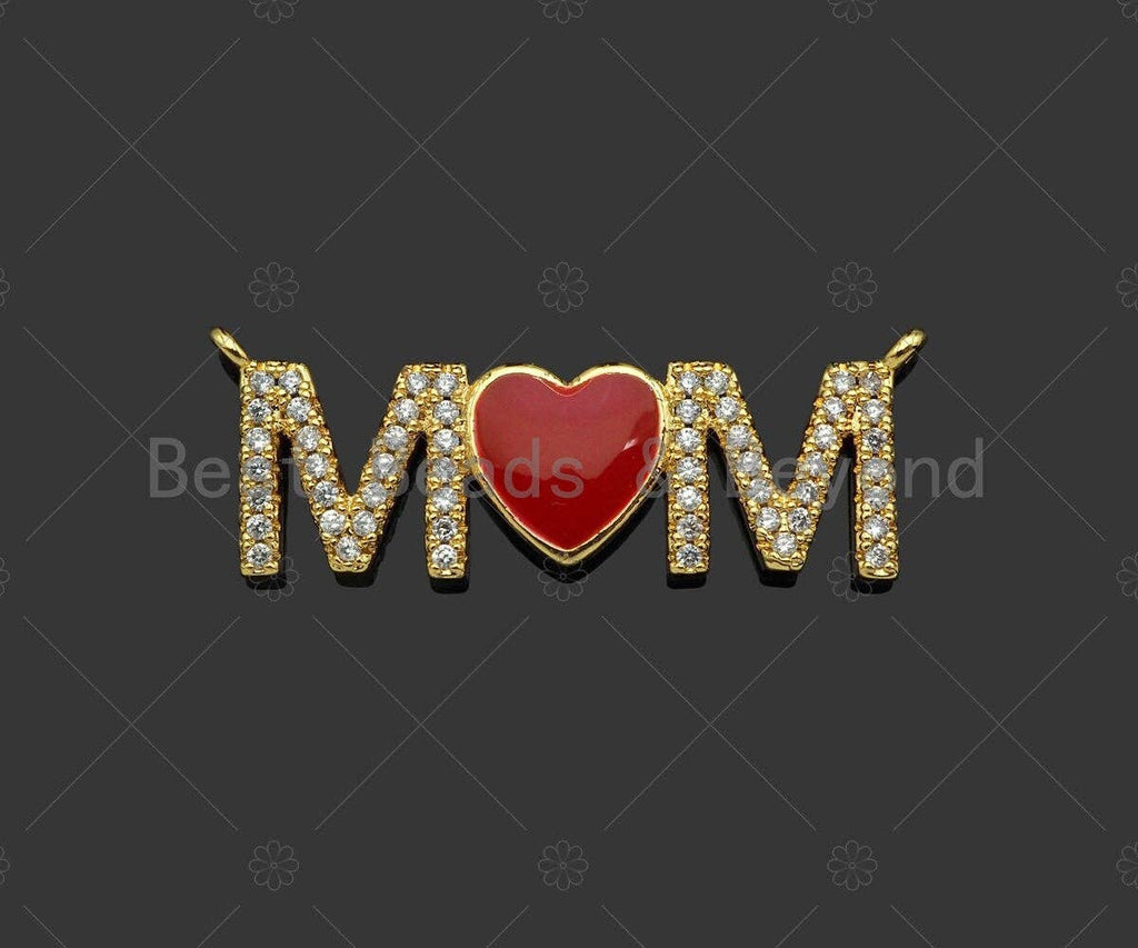 Gold Filled Red Enamel Heart CZ Micro Pave MOM Shape Pendant, 18K Gold Filled Charm, Mother's day, Necklace Pendant,11x32mm,Sku#LD125