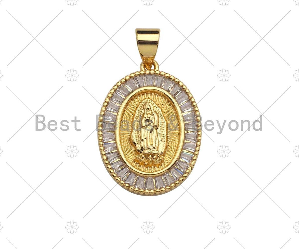 18K Gold Virgin Mary On Oval Emblem Shape Pendant, Oval Charm, Virgin Mary Pave Pendant, Dainty Gold Charm,21x15mm, Sku#F1155