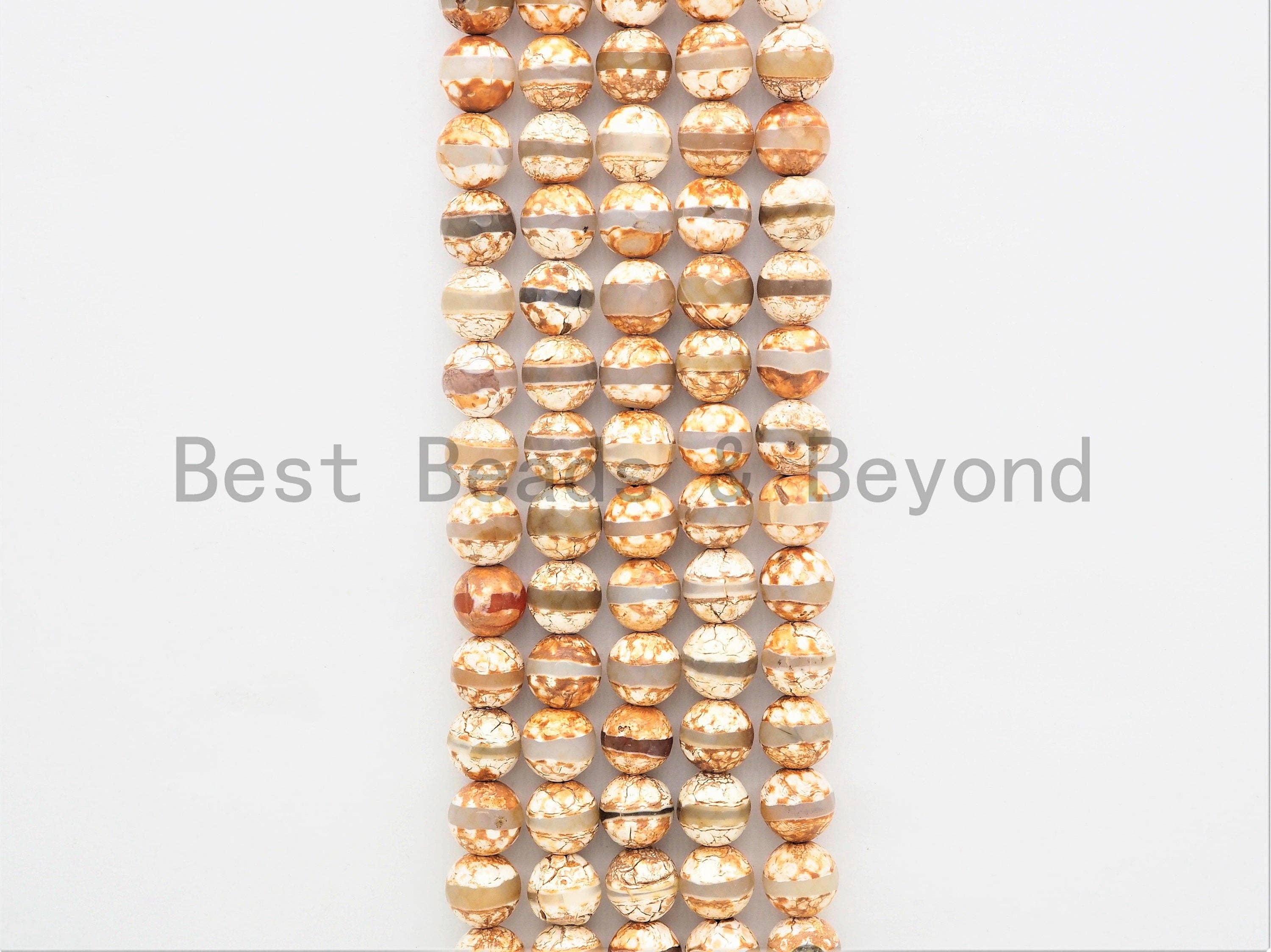 Quality DZI Brown Cream White Agate beads, Round with One line Tibetan Agate Beads, 6mm/8mm/10mm/12mm Agate,15.5'' Strand, SKU#U406