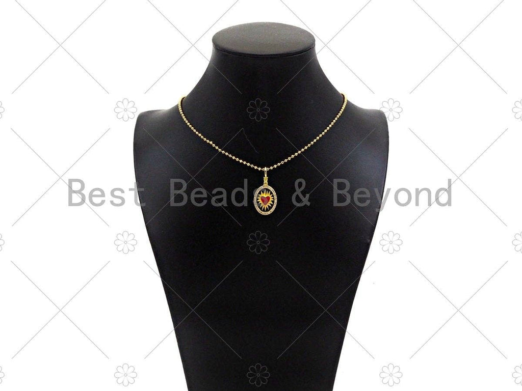 CZ Micro Pave Red Enamel Heart On Black Yellow Enamel Oval Shape Pendant, 18K Gold Filled CZ Enamel Oval Charm,16x33mm,Sku#Z1377
