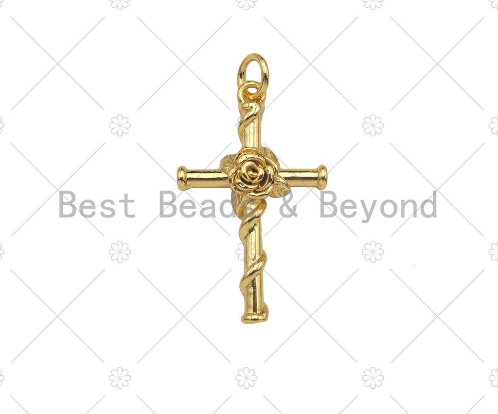 Gold Filled Rose Flower On Cross Shape Pendant, 18K Gold Filled Rose Cross Charm, Necklace Bracelet Charm Pendant, 16x26mm, Sku#Y439