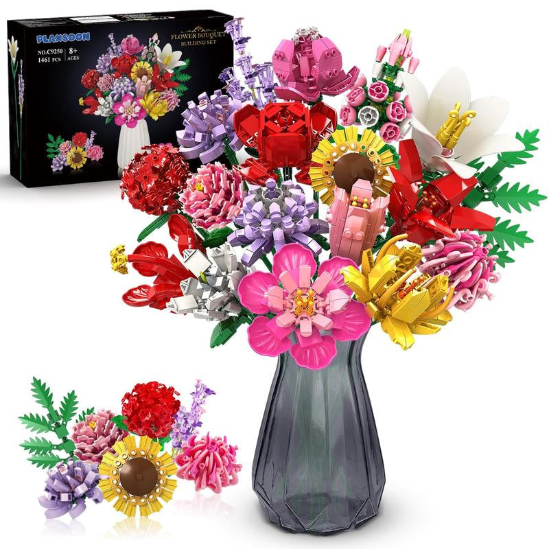 PLAXSOON 1461PCS Flower Bouquet Building Blocks, 18 Flowers & Fruit Ornaments, Everlasting Home Decor, Valentine Birthday Gift for Adults Women Kids 8+