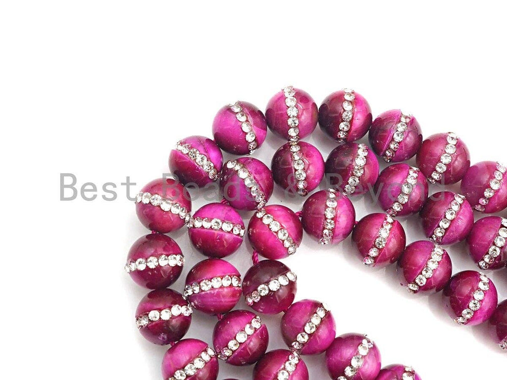 FuchsiaTiger Eye with rhinestone inlaid, 6mm/8mm/10mm/12mm/14mm, Tiger eye Beads, 15.5inch Full strand, SKU#V53