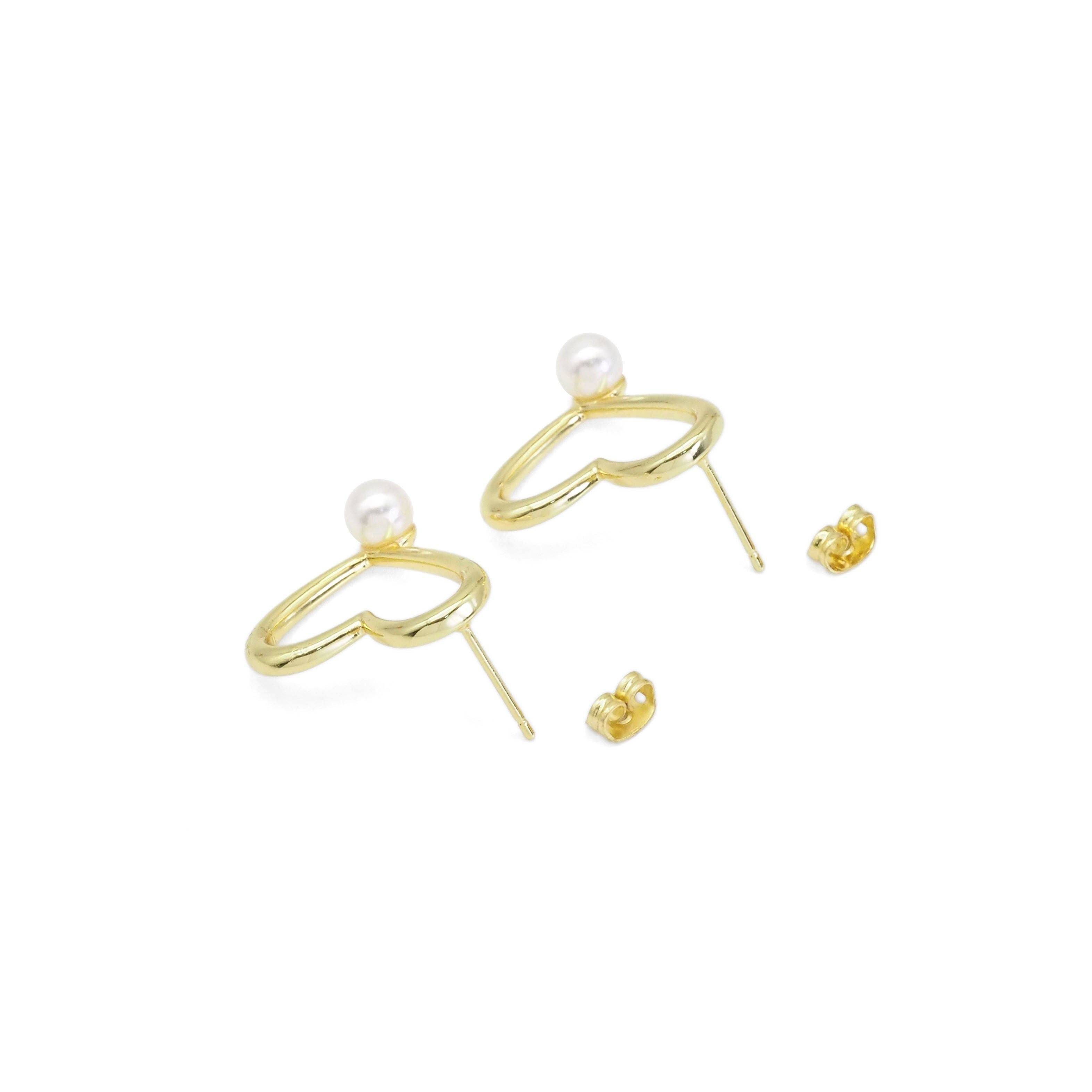 Gold White Pearl Heart Stud Earrings, Sku#LD478