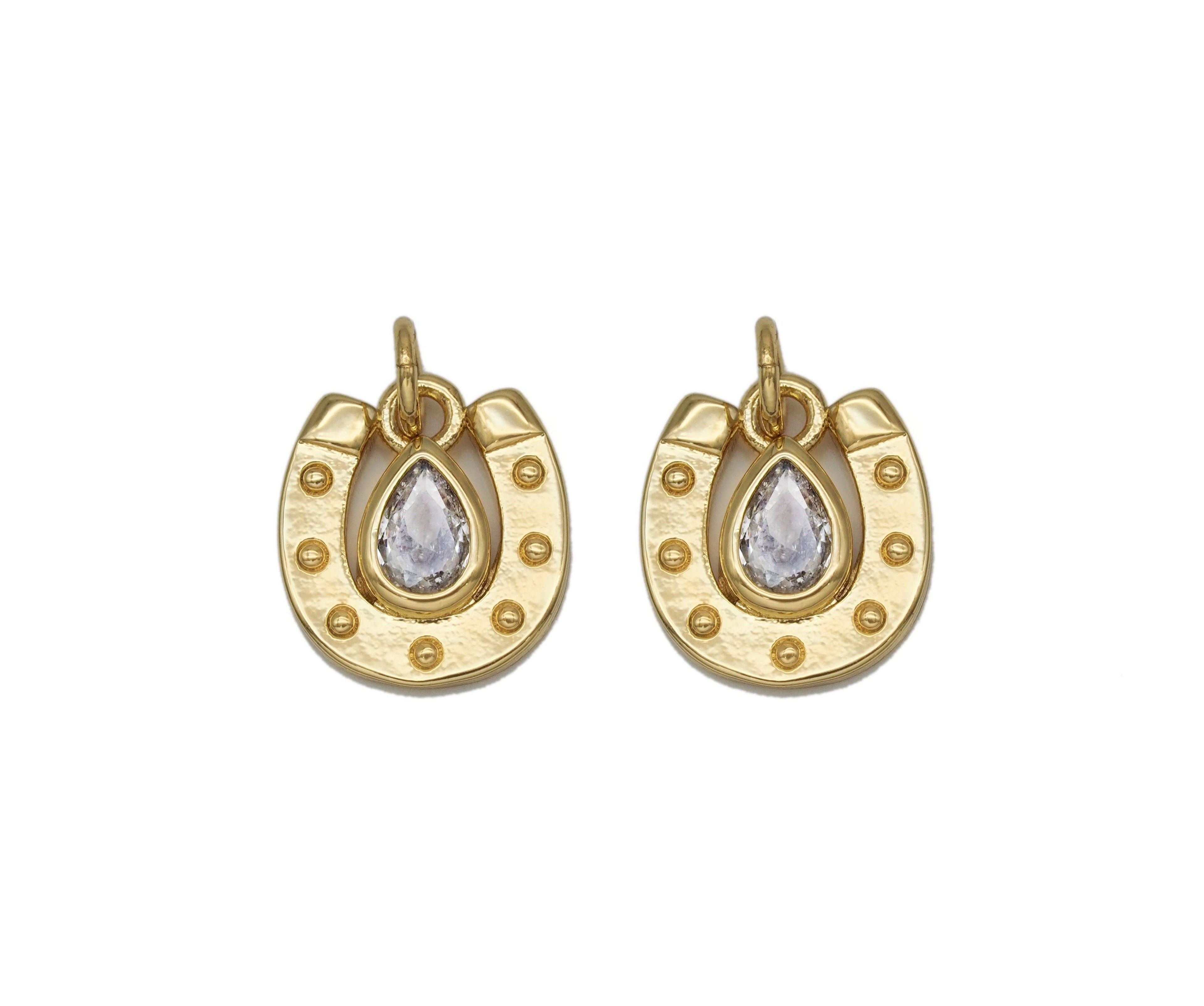 Gold Teardrop CZ On U Horseshoe Shape Charm, Sku#LK700