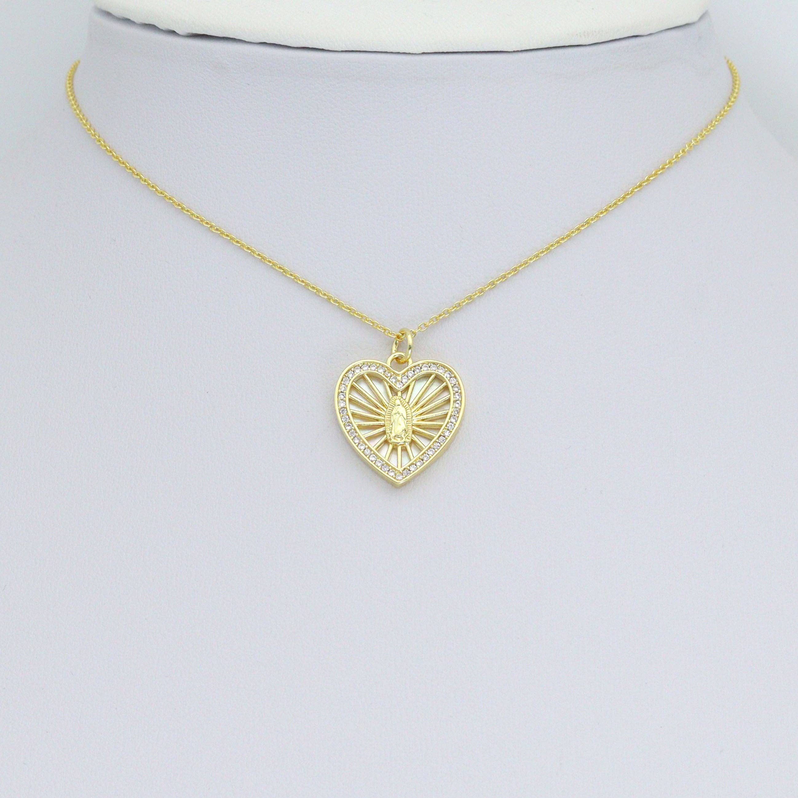 CZ Mother of Pearl Virgin Mary On Radiate Heart Charm Pendant, Sku#LK1149