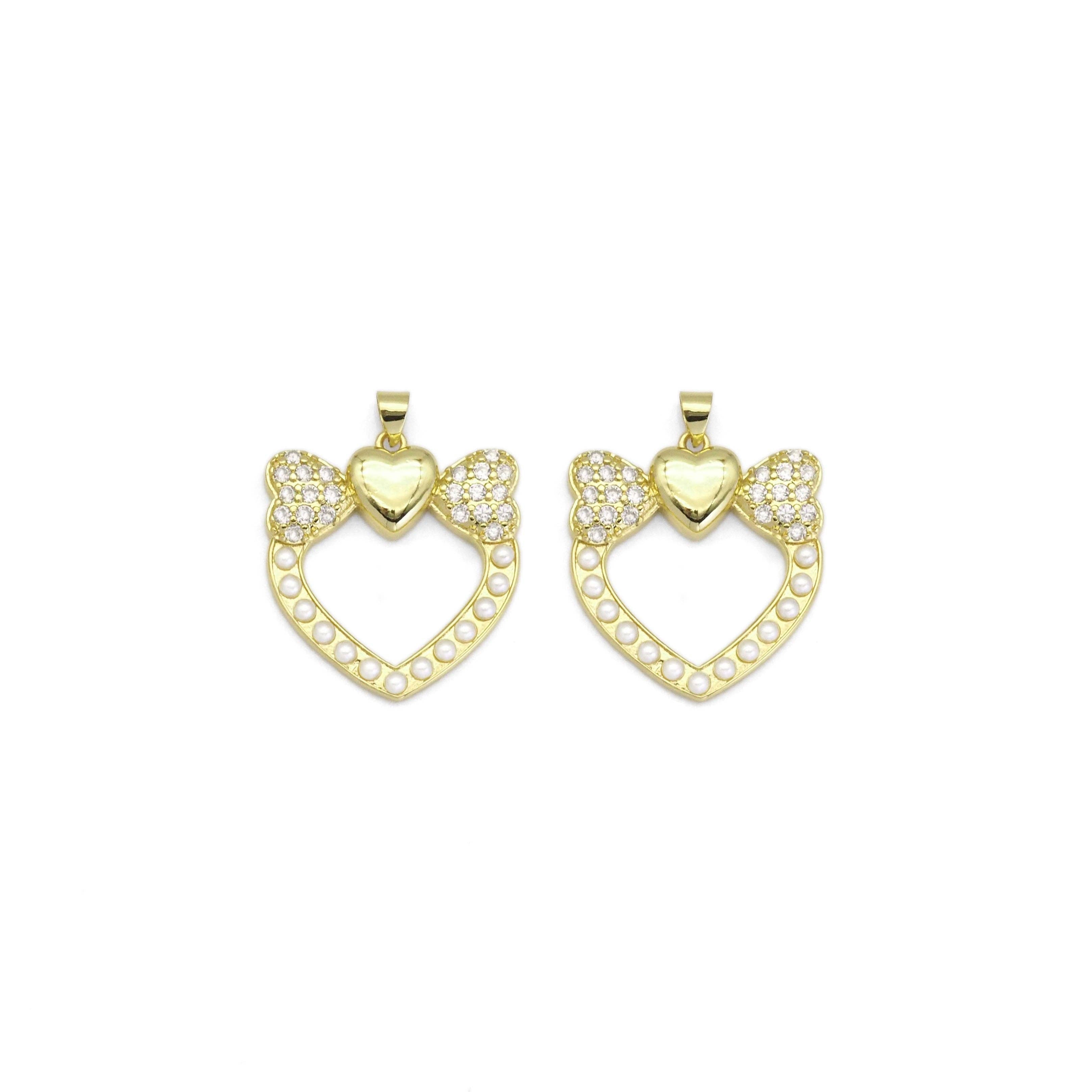 Gold CZ Bow Heart Pearl Around Charm, Sku#LK882