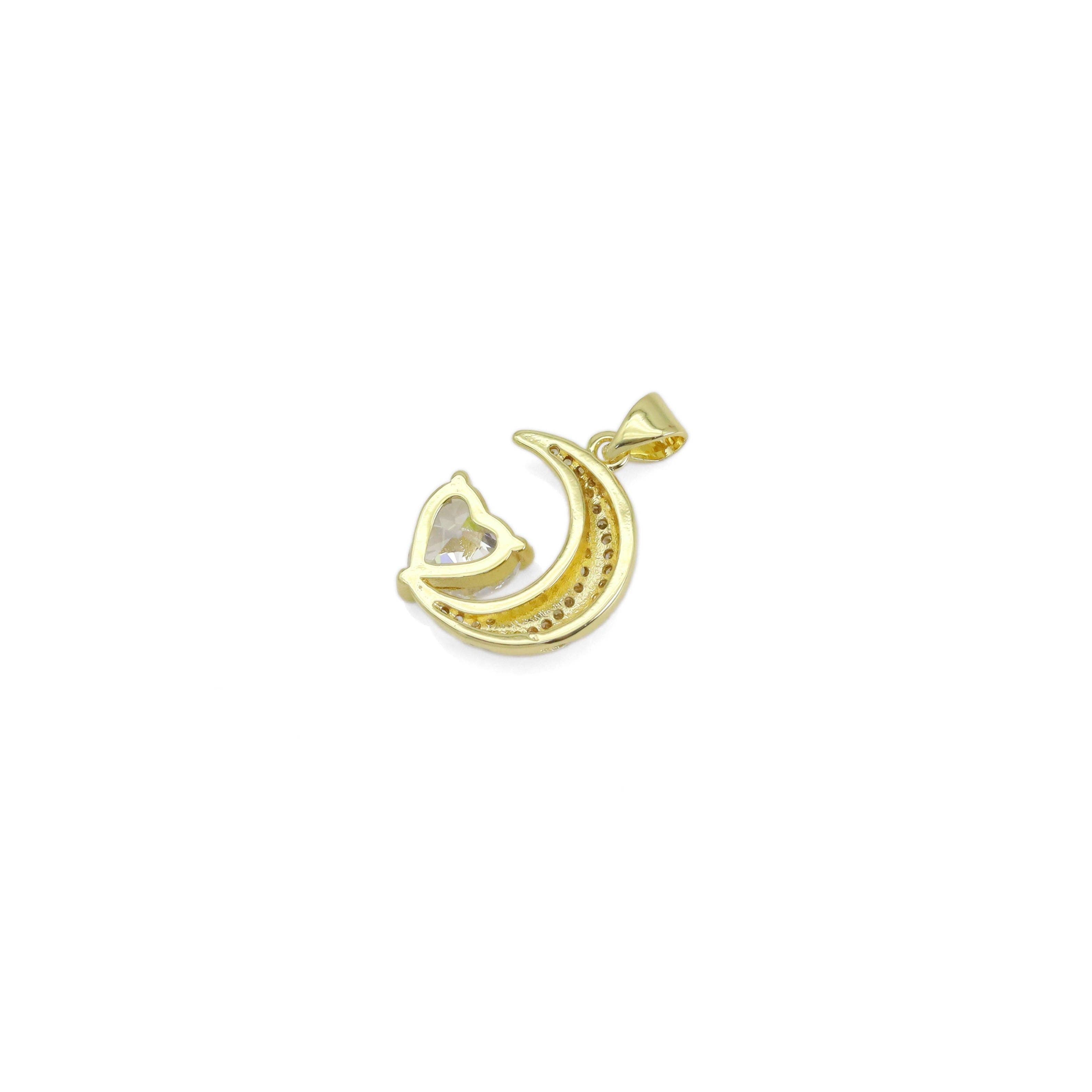 CZ Gold Heart on Cresent Moon Charm, Sku#Y924