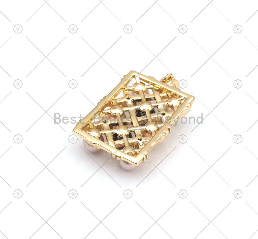 CZ Micro Pave Multicolor Mother of Pearl On Rectangle Shape Pendant, 18K Gold Filled MOP Charm, Necklace Bracelet Pendant, 24x16mm, Sku#ZX40