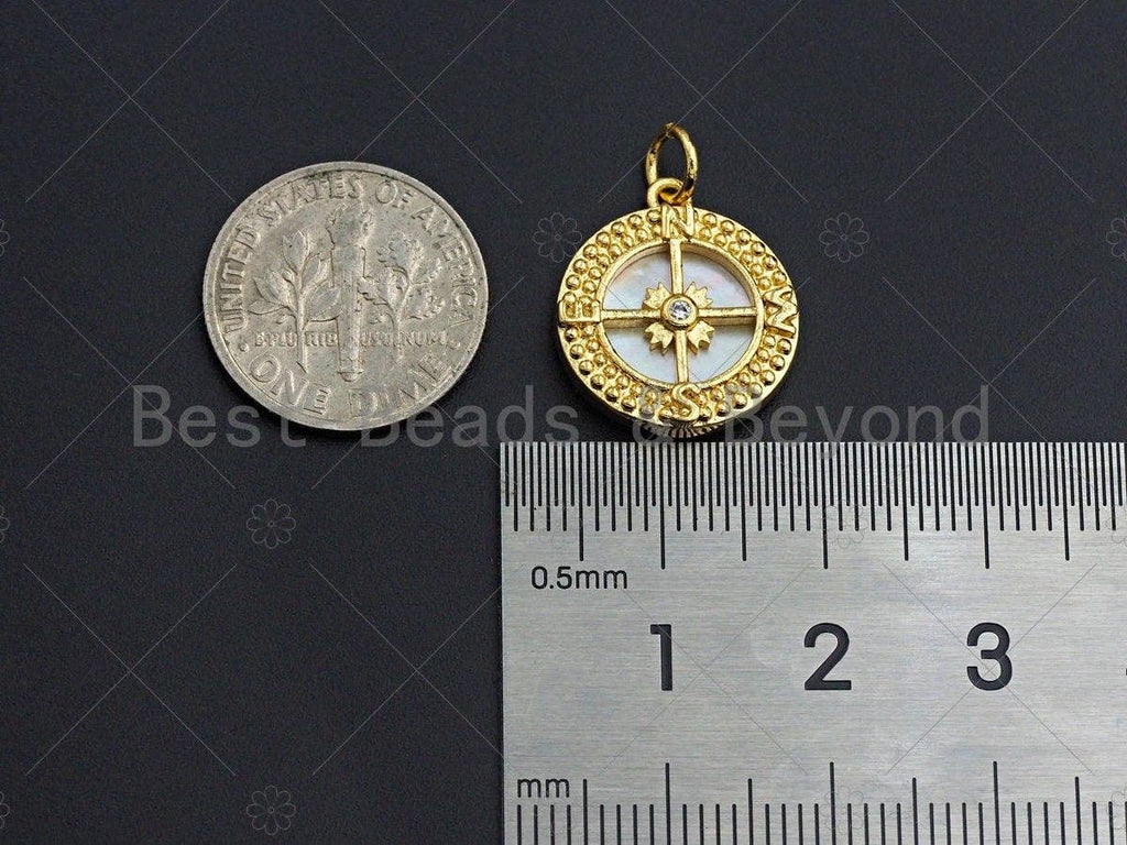 18K Gold CZ Micro Pave Compass on Mother-of-pearl Pendant Charm, Cubic Zirconia Compass Cross Charm, 16mm,sku#Z1133