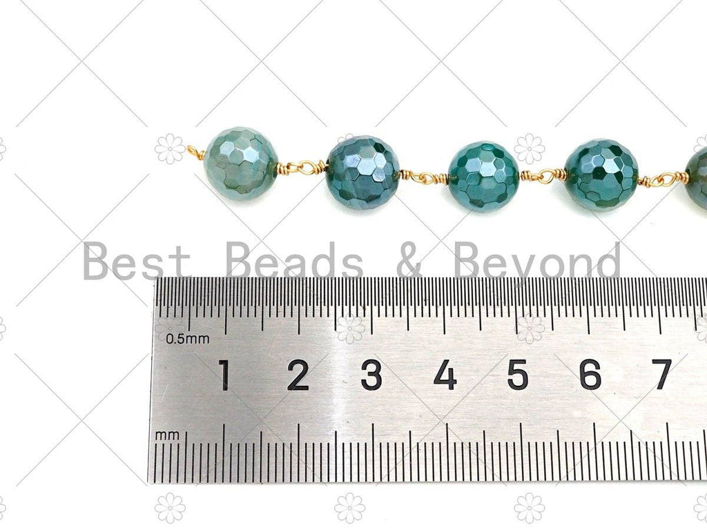 Mystic Agate Green/Aqua Blue/Pink Rosary Chain, 10mm Agate Beaded Chain, Wire Wrapped Gold Chain,Sku#V88