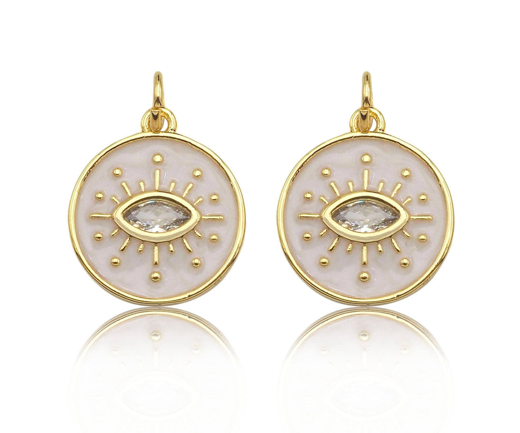 Enamel White Enamel Evil Eye On Round Coin Charm, Sku#Y434