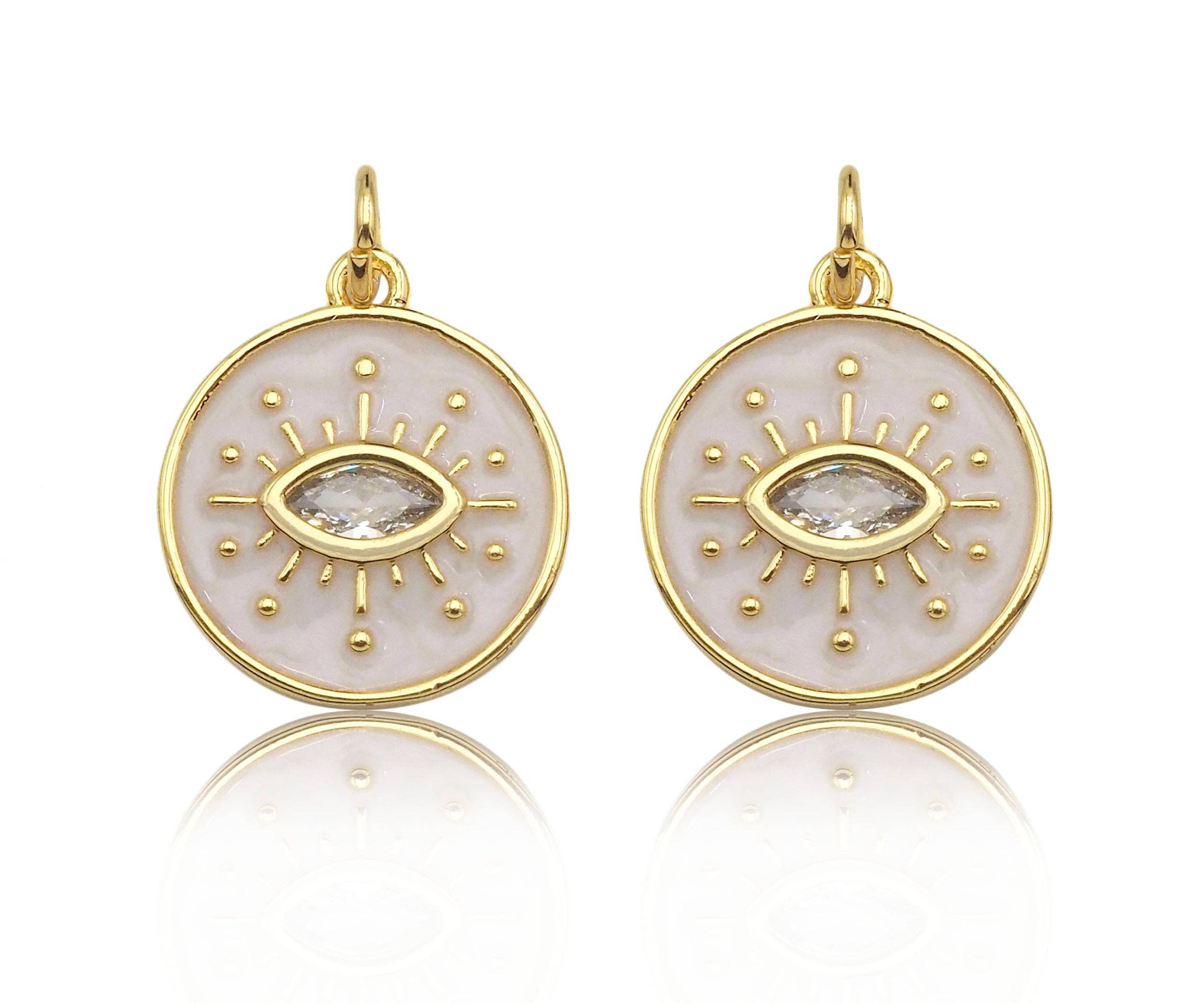 Enamel White Enamel Evil Eye On Round Coin Charm, Sku#Y434