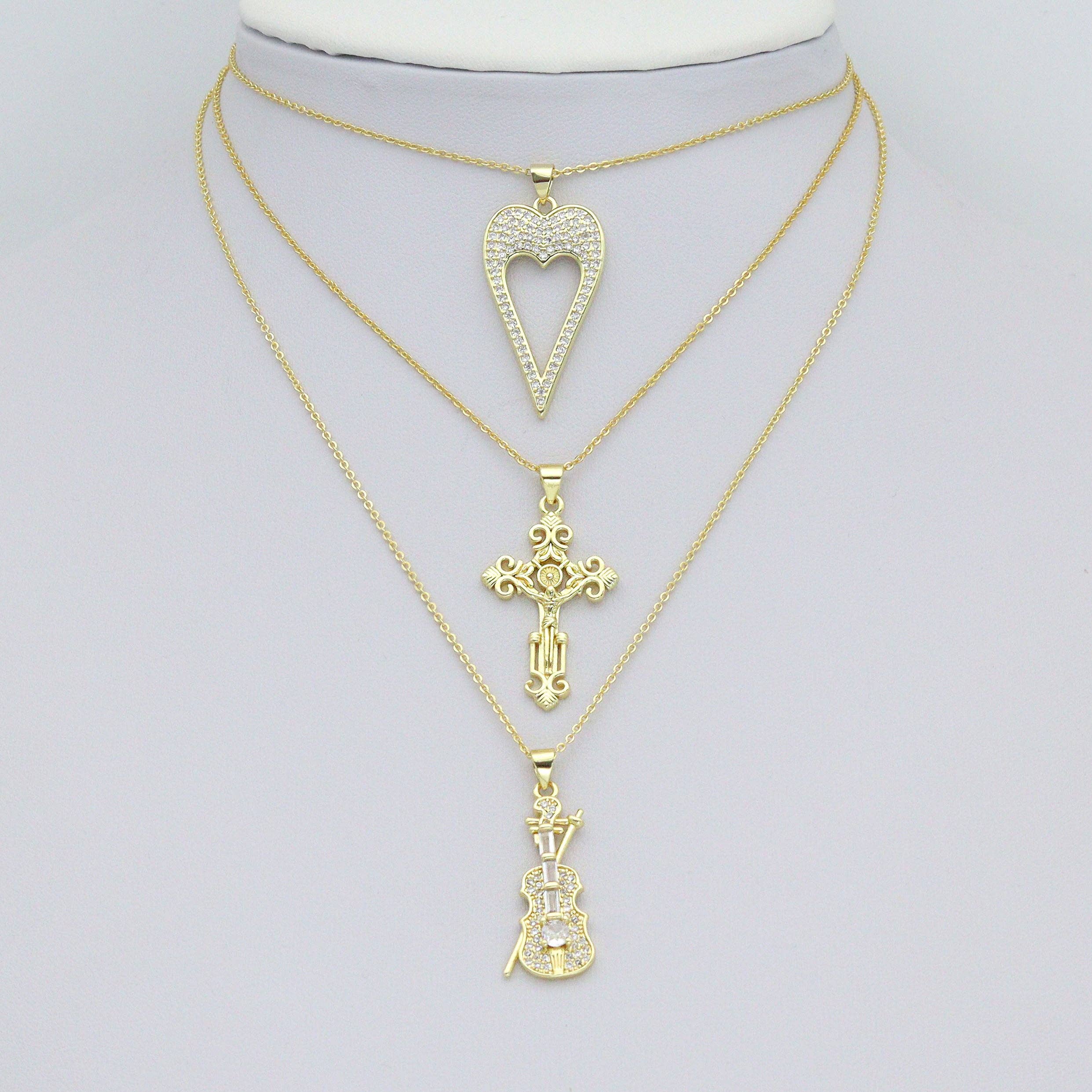 Gold Violin Guitar Cross Heart Key Charm Pendant,Sku#LK1257