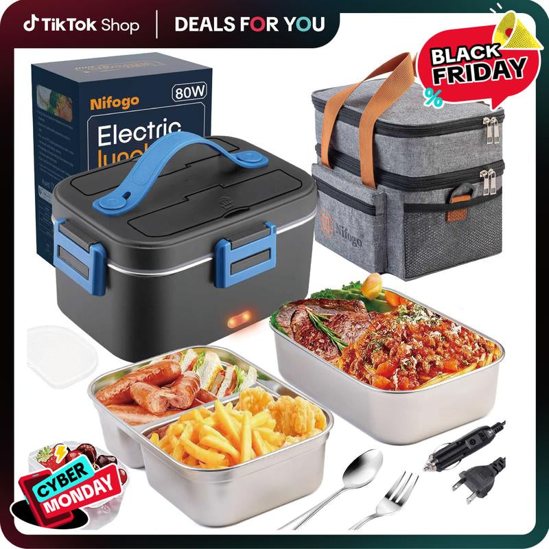 Electric Lunch Box Food Heater 80W，12V/24V/110V Self Heating Lunchboxfor Work/Car/Truck with Insulated Bag，1.5/1.8L,Dealsforyoudays